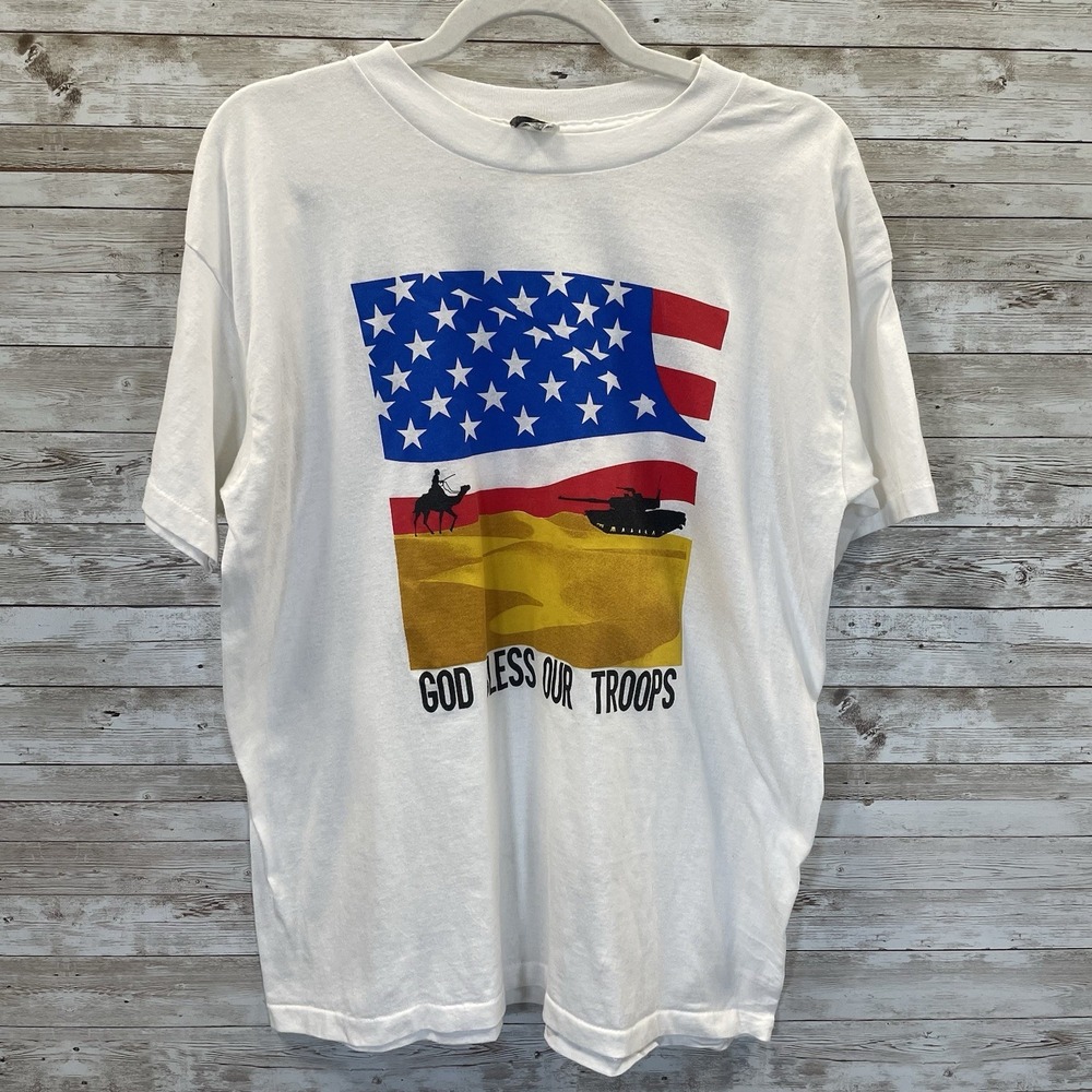 Vintage Desert Storm God Bless Our Troops XL Mens T-Shirt Single Stitch Made USA